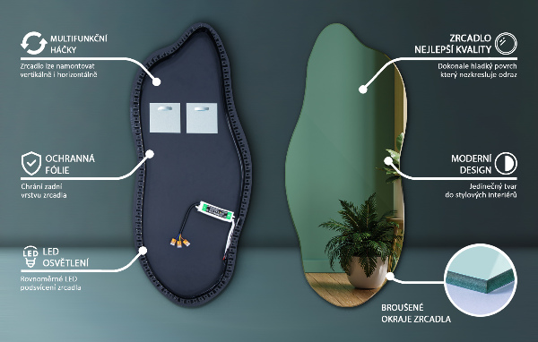 Unusual shaped led light mirror 45x100 cm