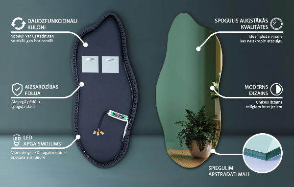 Unusual shaped led light mirror 45x100 cm