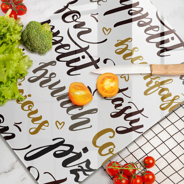 Chopping board glass Text Bon Appetit