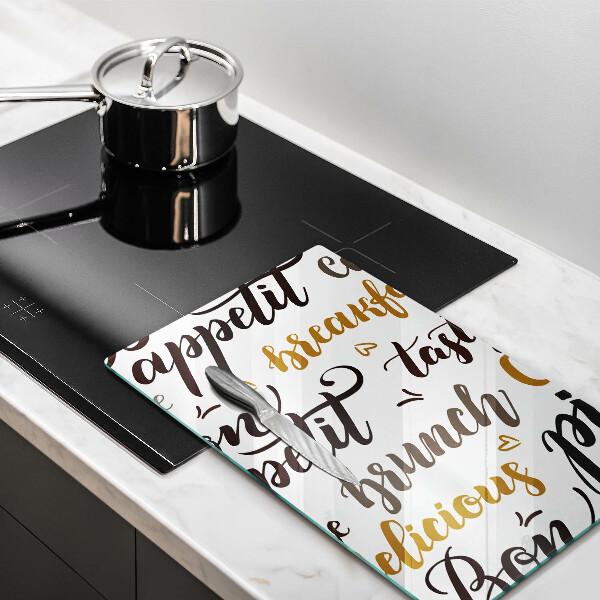 Chopping board glass Text Bon Appetit