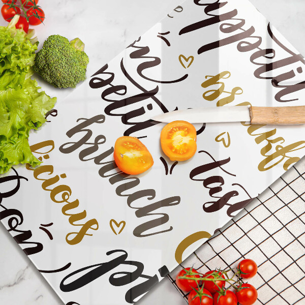 Chopping board glass Text Bon Appetit