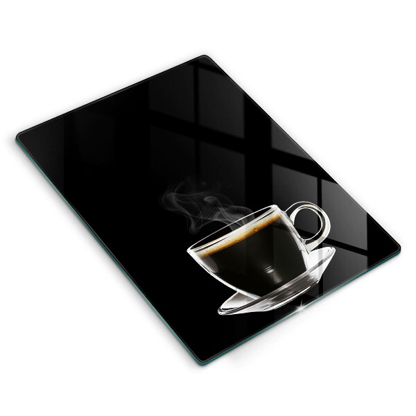 Chopping board glass A glass of hot coffee