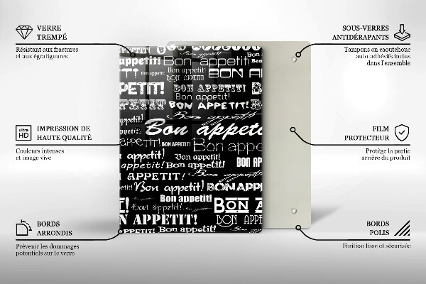 Chopping board glass Kitchen text Bon Appetit