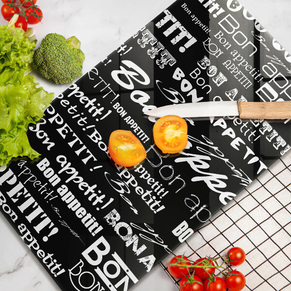 Chopping board glass Kitchen text Bon Appetit