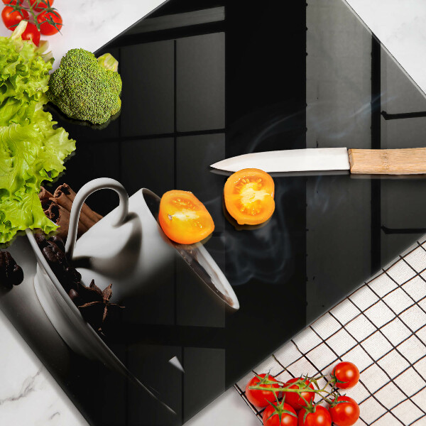 Chopping board glass A cup of hot coffee