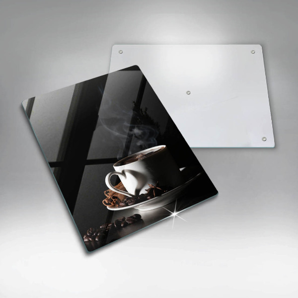 Chopping board glass A cup of hot coffee
