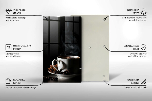 Chopping board glass A cup of hot coffee