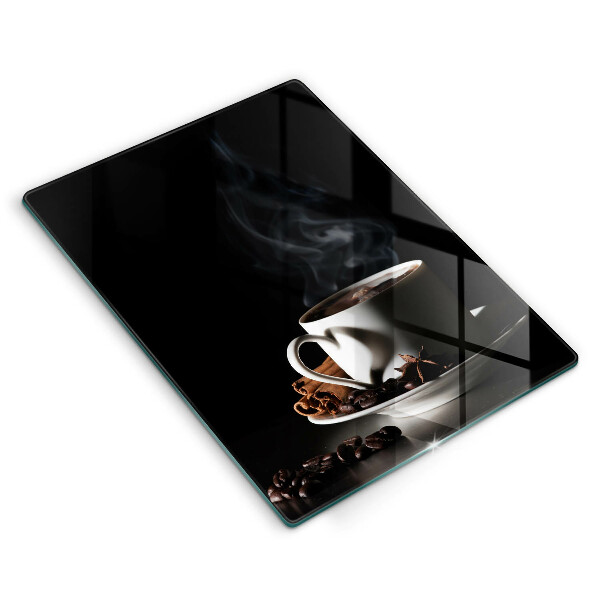Chopping board glass A cup of hot coffee