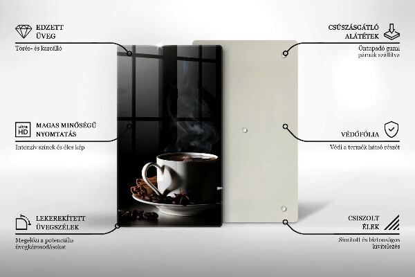 Chopping board glass A cup of hot coffee