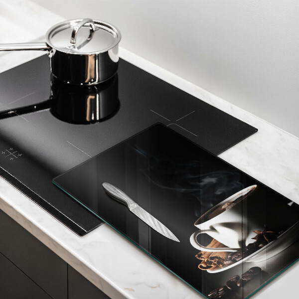 Chopping board glass A cup of hot coffee
