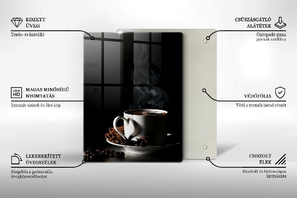 Chopping board glass A cup of hot coffee