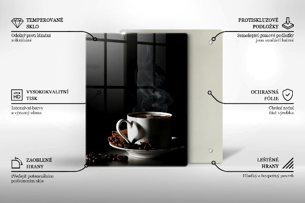 Chopping board glass A cup of hot coffee