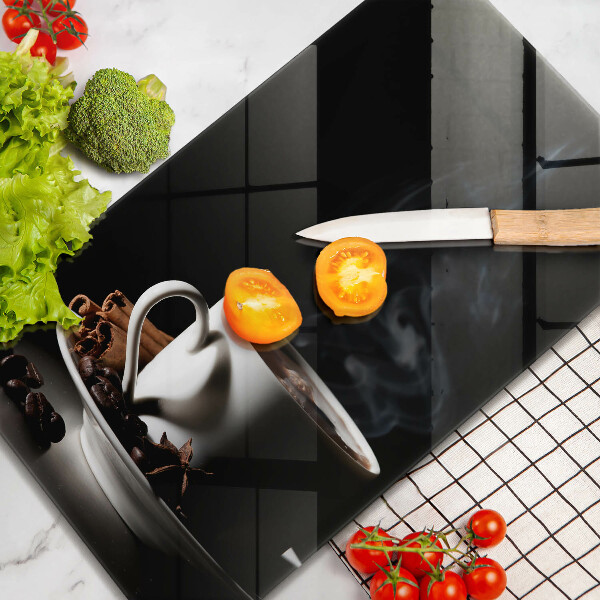 Chopping board glass A cup of hot coffee