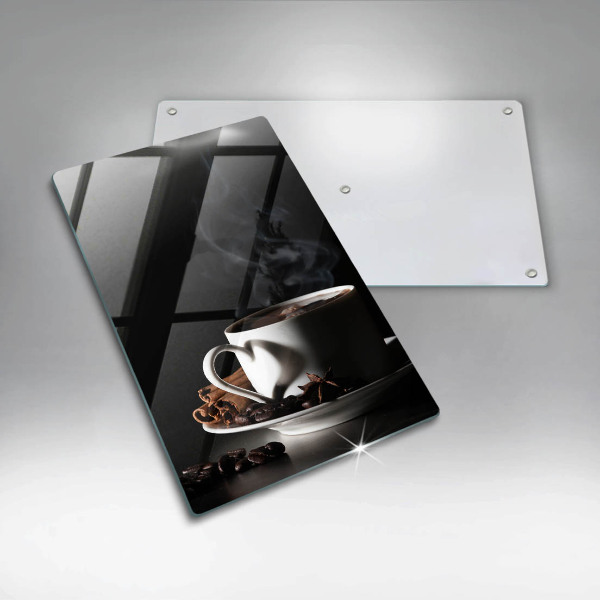 Chopping board glass A cup of hot coffee