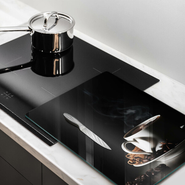 Chopping board glass A cup of hot coffee