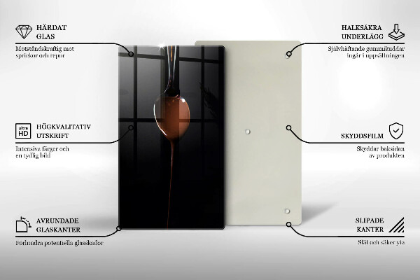 Chopping board glass Spoon of chocolate