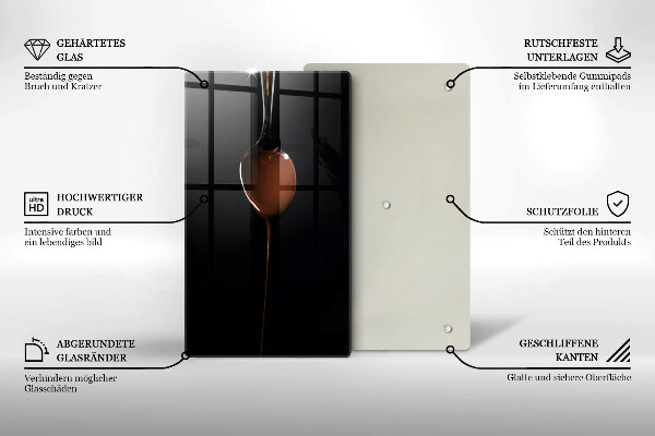 Chopping board glass Spoon of chocolate