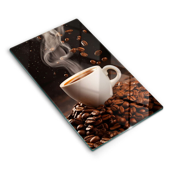 Chopping board glass Hot cup of coffee