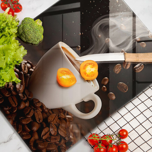 Chopping board glass Hot cup of coffee