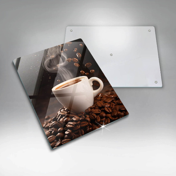 Chopping board glass Hot cup of coffee