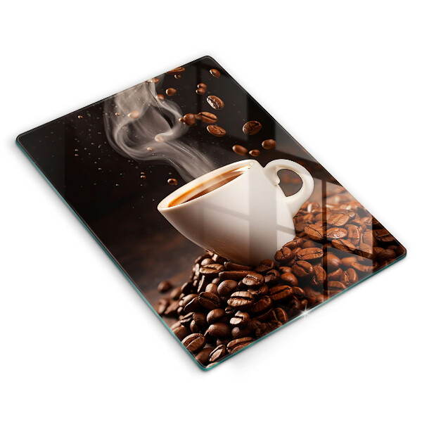 Chopping board glass Hot cup of coffee