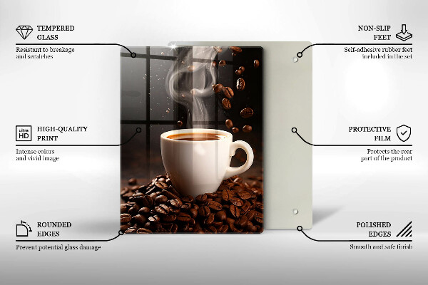 Chopping board glass Hot cup of coffee