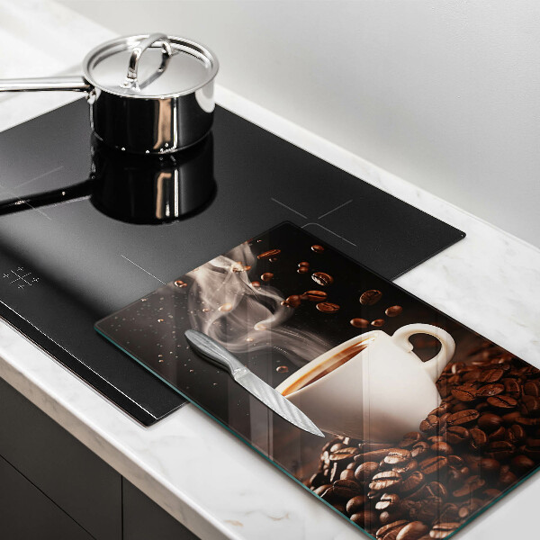 Chopping board glass Hot cup of coffee