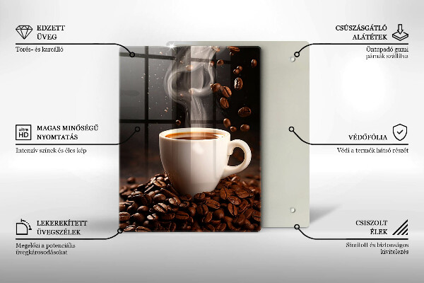 Chopping board glass Hot cup of coffee