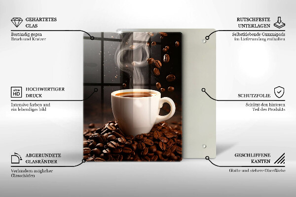 Chopping board glass Hot cup of coffee