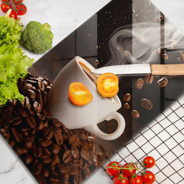 Chopping board glass Hot cup of coffee