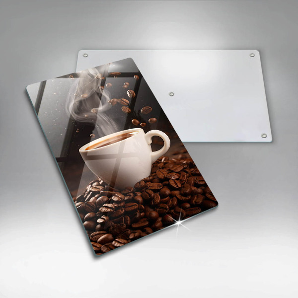 Chopping board glass Hot cup of coffee