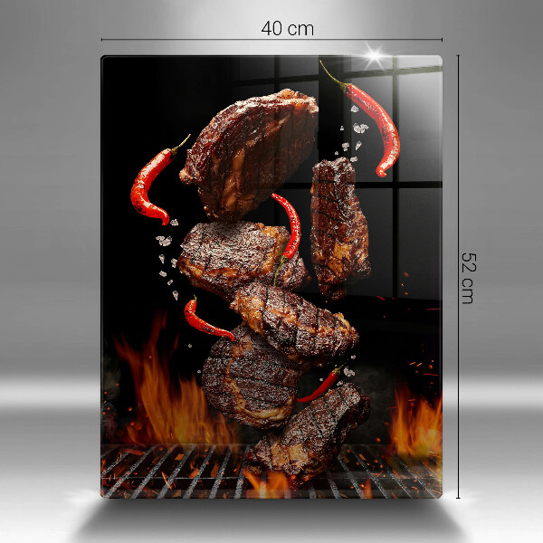 Chopping board glass Meat on the grill