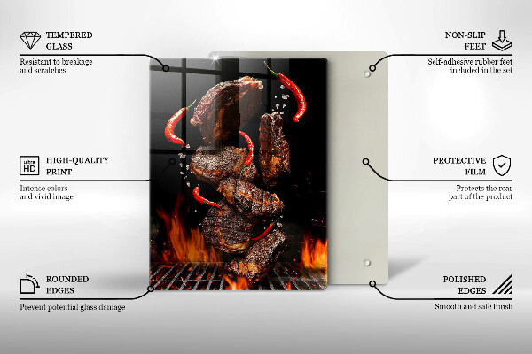Chopping board glass Meat on the grill