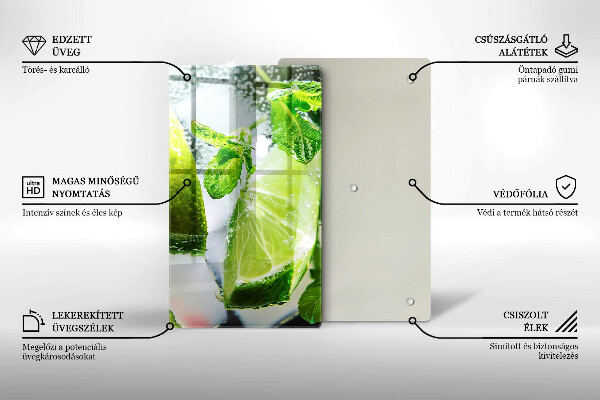 Chopping board glass Water with lime and ice