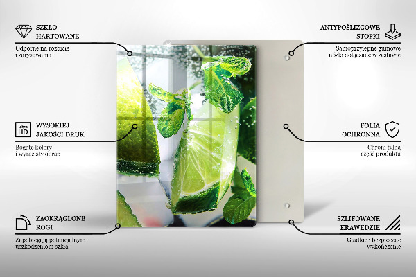 Chopping board glass Water with lime and ice