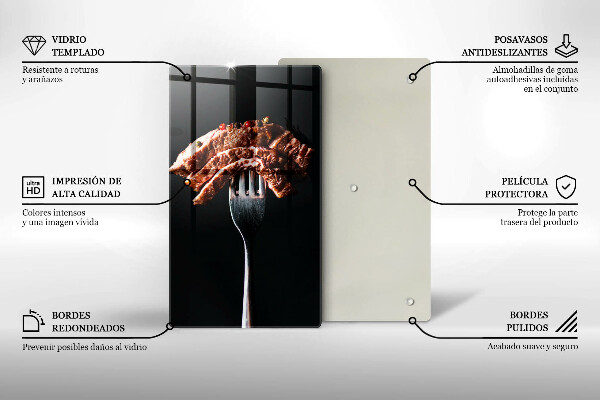 Chopping board glass Meat on a fork