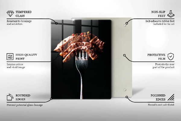 Chopping board glass Meat on a fork