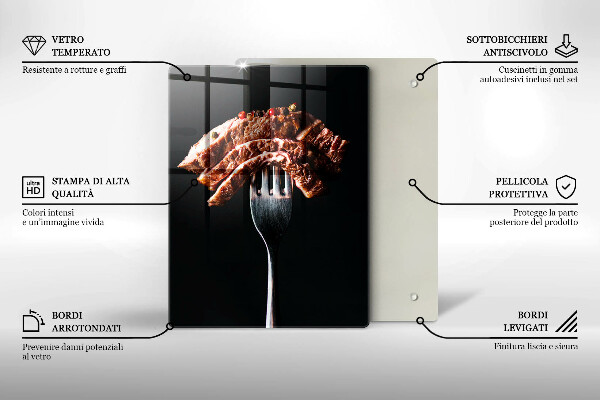 Chopping board glass Meat on a fork