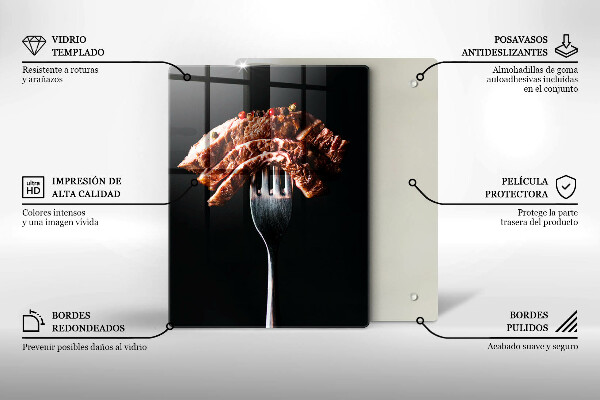 Chopping board glass Meat on a fork