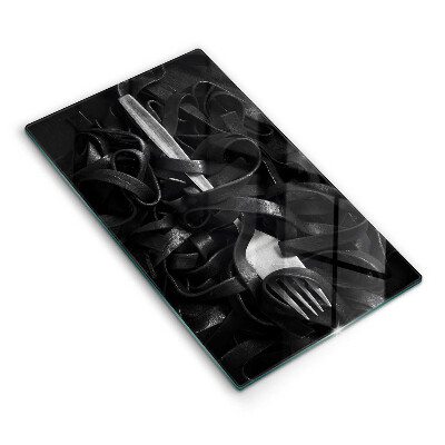 Chopping board glass Black pasta and fork