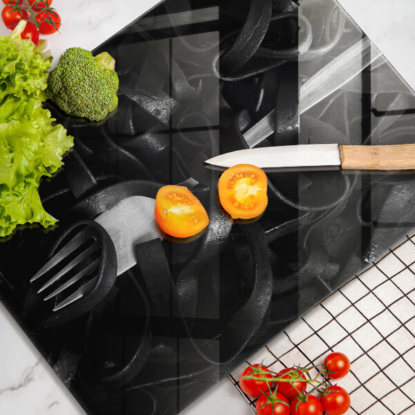 Chopping board glass Black pasta and fork