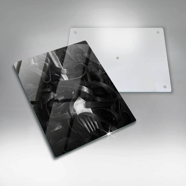 Chopping board glass Black pasta and fork
