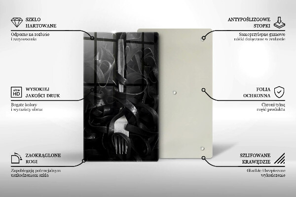 Chopping board glass Black pasta and fork