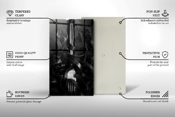 Chopping board glass Black pasta and fork