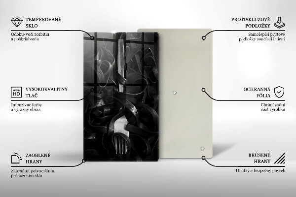 Chopping board glass Black pasta and fork