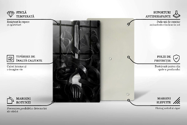 Chopping board glass Black pasta and fork