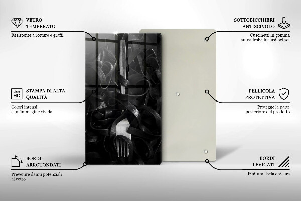 Chopping board glass Black pasta and fork