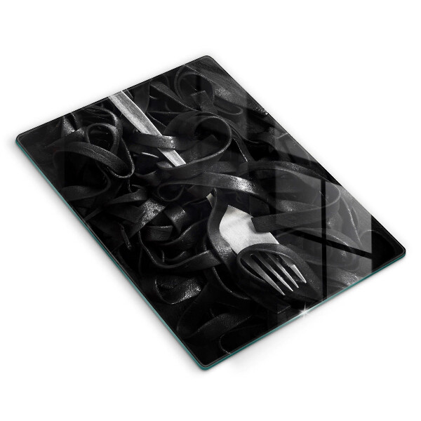 Chopping board glass Black pasta and fork