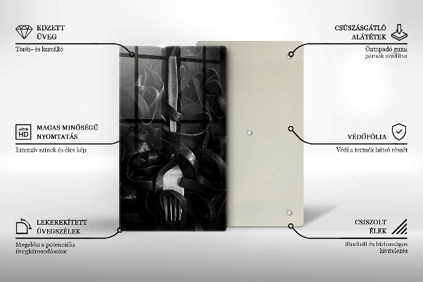 Chopping board glass Black pasta and fork