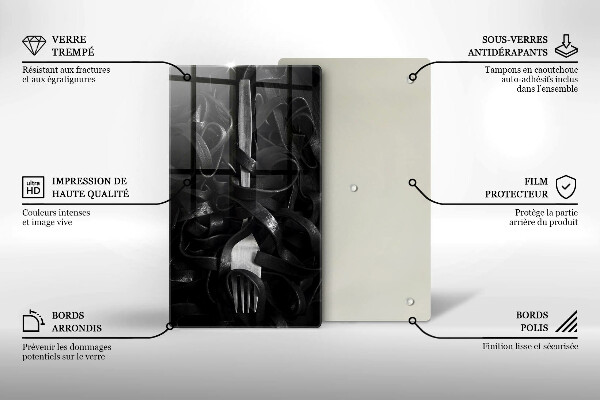 Chopping board glass Black pasta and fork